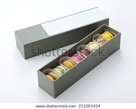 Macaroons dessert gift,traditional french colorful macaroons in a rows in a box