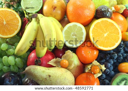 Mix of native and exotic fruits on a white background
