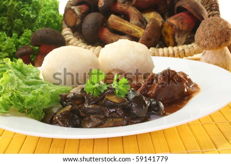 Venison goulash with dumplings and fresh wild mushrooms