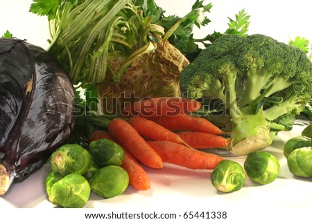 Red cabbage, broccoli, celery, carrots and Brussels sprouts on white background