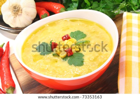 Corn soup with garlic, sweet corn, chili and coriander