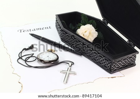 Testament with an open coffin, a white rose, clock, pen and cross