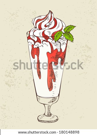 Milkshake with strawberry syrup in glass cup