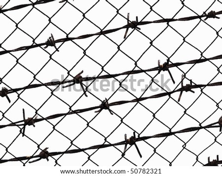 Metal barbed wire fence protection isolated on white for background