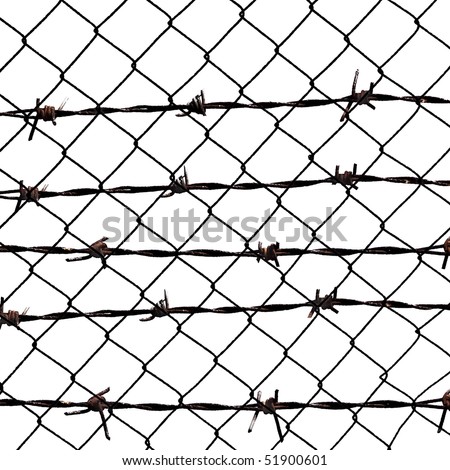 Metal barbed wire fence protection isolated on white for background texture