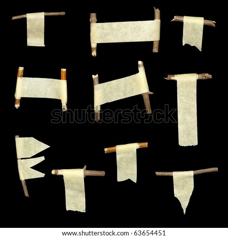 set paper scraps and wood isolated on black background  (blank flag)