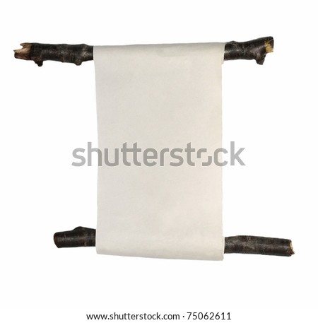 old paper roll scrap and branches isolated on white background