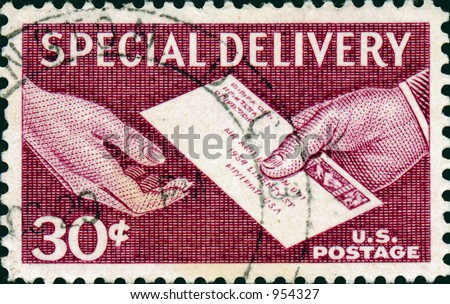 A vintage US postage stamp depicting a mailman delivering an envelope to someone.