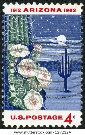 A vintage US Postage Stamp depicting the 50th anniversary of Arizona statehood with a night time desert scene with cactus and moon