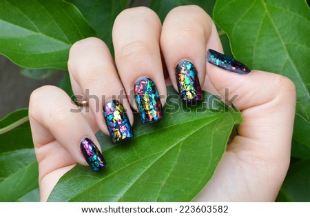 Beautiful  rainbow marbled transfer foil nail art design