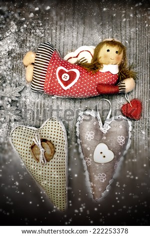 Christmas angel and hearts, decorations background for congratulation cards and design