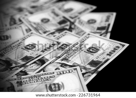 The money American dollars. Bundle of bank notes , black and white