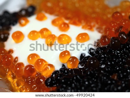 Salmon caviar and beluga caviar in white sauce