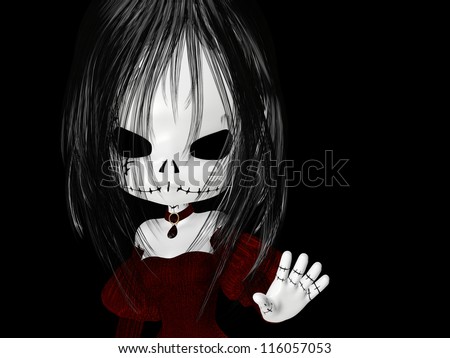 Halloween Goth Girl: a stitched up zombie goth girl in a red dress and  choker necklace. Isolated on a black background