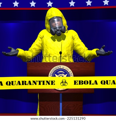 A political figure wearing a hazmat suit is shrugging his shoulders at a speech about Ebola.  He is behind a Ebola Quarantine tape. Political
