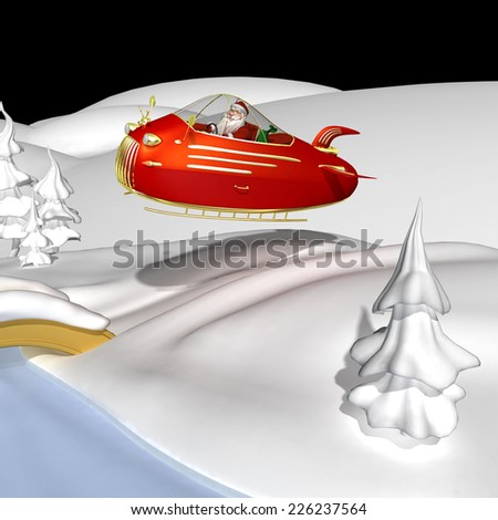 Santa Flying In Jet Powered Sled - Santa is flying over the snow in his new jet powered sleigh with a golden reindeer hood ornament.