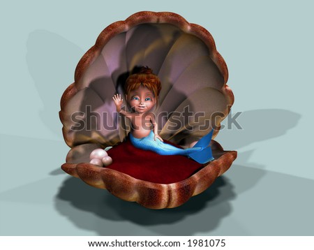 A Little Mermaid relaxing in a shell with pearls.