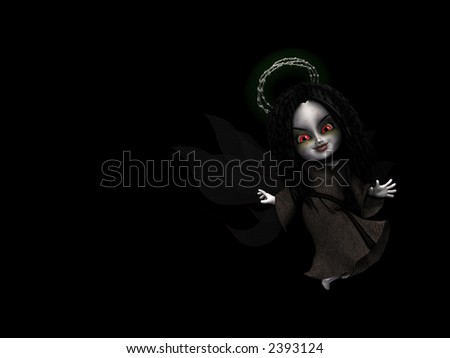 Goth Fairy Angel floating with fiery eyes and a barbed wire halo. Isolated on a black background