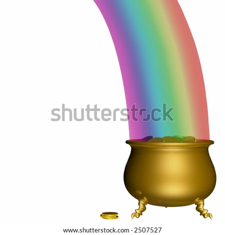 End of the Rainbow. A leprechaun's pot of gold at the end of a rainbow. Isolated on a white background.