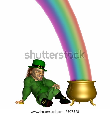End of the Rainbow. A leprechaun relaxing next to his pot of gold at the end of a rainbow. Isolated on a white background.