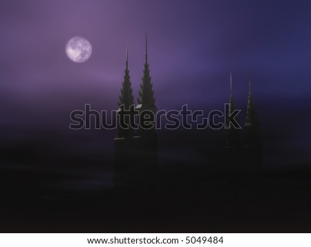 Foggy Halloween night with a full moon and gothic towers.