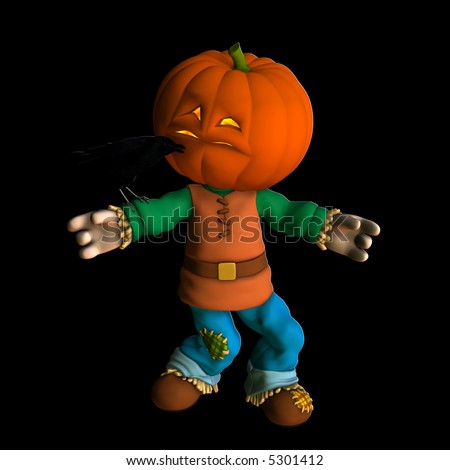 A sad little pumpkin scarecrow unable to scare a crow. Isolated on a black background