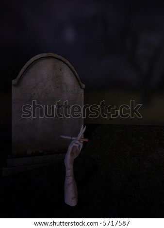 Addiction. Hand and arm popping out of the grave having one last cigarette. Blank headstone for your caption. Halloween is coming.