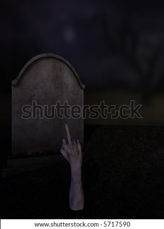 Non traditional hand and arm popping out of the grave giving the finger. Blank headstone for your caption. Halloween is coming.