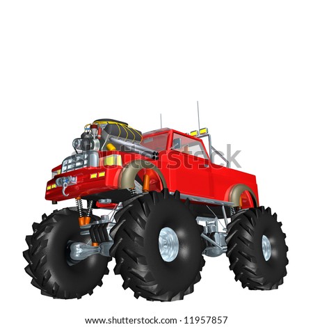 stock photo Red Monster truck with huge engine