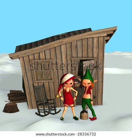 The elves Santa does not talk about. Two of Santa\'s elves standing in front of their shack.