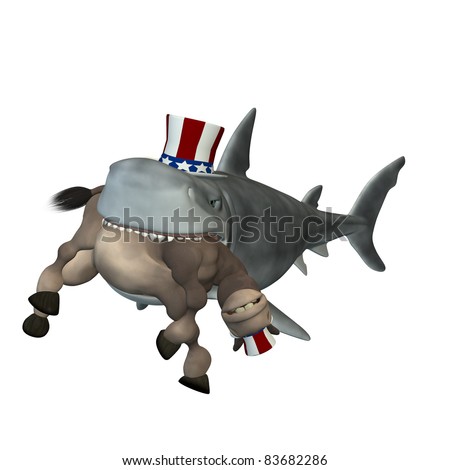 Political Shark - Democrat. A cartoon shark with a Democrat donkey in his mouth. Political humor.