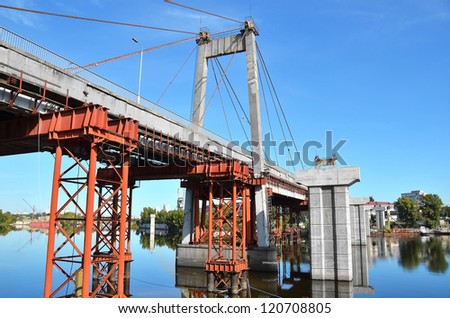 Bridge repair and construction site across Dnieper river, Kiev, Ukraine
