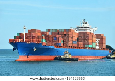 Container stack on freight ship in Black sea, Odessa, Ukraine