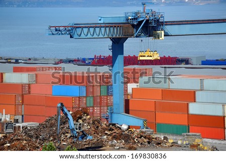 Scrap metal, container and pipe in port, Odessa, Ukraine
