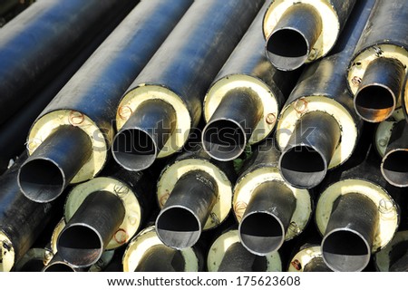Steel pipe with heat insulation on construction site