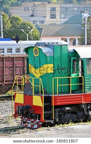 Vintage russian train locomotive in industrial zone