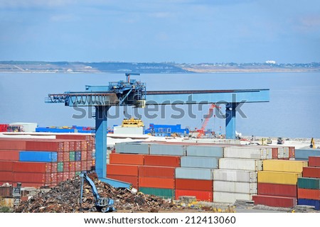 Scrap metal and container in port, Odessa, Ukraine