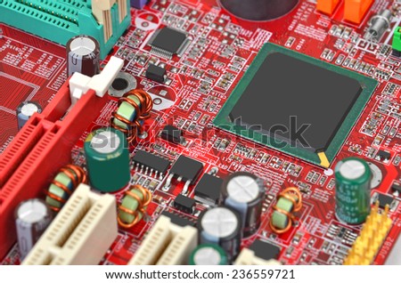 Printed computer motherboard with microcircuit, close up