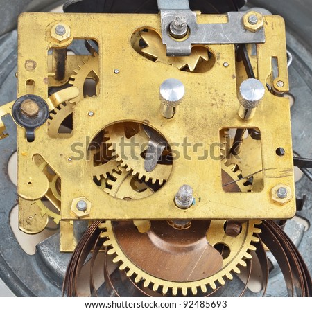 Inside the clock (watchwork), antique vintage clock mechanism