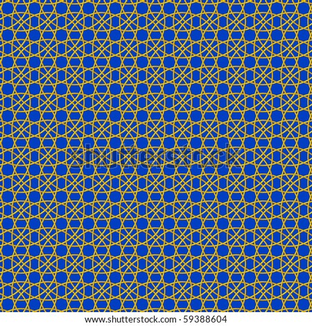Abstract ornament on a blue background, with lines crossed gold coler