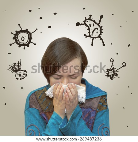 drawn viruses flying around sneezing women