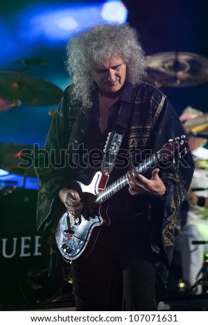 WROCLAW, POLAND - JULY 7:  Brian May with Queen perform onstage during Rock in Wroclaw Festival on July 7, 2012 in Wroclaw, Poland