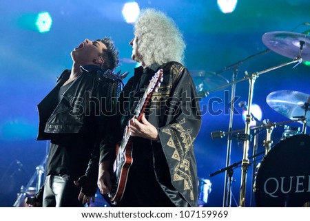 WROCLAW, POLAND - JULY 7:  Queen with Adam Lambert perform onstage during Rock in Wroclaw Festival on July 7, 2012 in Wroclaw, Poland