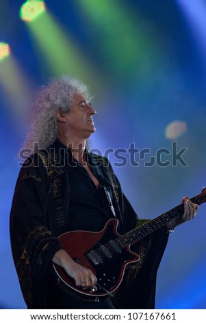 WROCLAW, POLAND - JULY 7: Brian May with Queen perform onstage during Rock in Wroclaw Festival on July 7, 2012 in Wroclaw, Poland