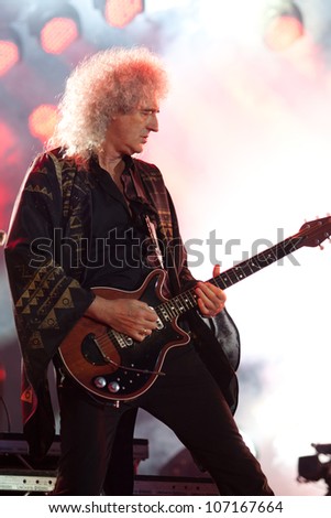 WROCLAW, POLAND - JULY 7: Brian May with Queen perform onstage during Rock in Wroclaw Festival on July 7, 2012 in Wroclaw, Poland