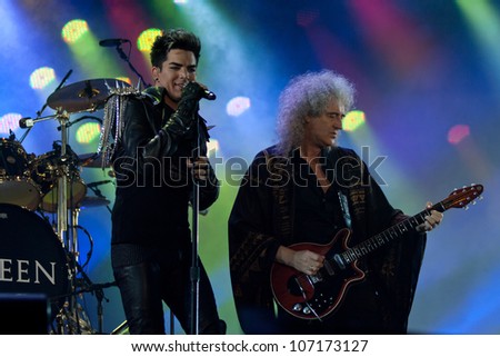 WROCLAW, POLAND - JULY 7:  Queen with Adam Lambert perform onstage during Rock in Wroclaw Festival on July 7, 2012 in Wroclaw, Poland