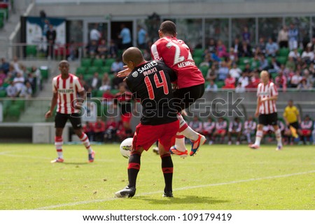 WROCLAW, POLAND - JULY 22: Final game in Polish Masters soccer tournament between PSV Eindhoven and Benfica Lisboa 3:1 with Memphis Depay (22) from PSV on July 22, 2012 in Wroclaw, Poland