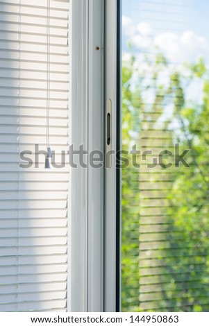 Closed Plastic Blinds On The Window With The Reflection In The Glass
