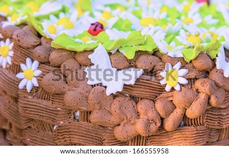 big chocolate cake decorated with flowers and butterflies