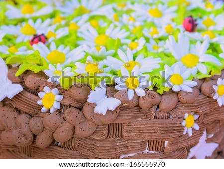 big chocolate cake decorated with flowers and butterflies